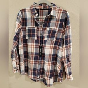 Doe & Rae Flannel Shirt, Size Small, Navy Blue and Tan